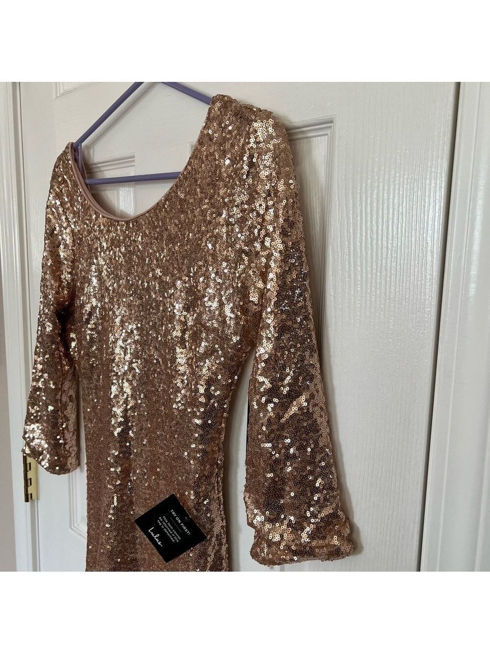 NWT Lulu's Delightful Ways Champagne Gold Sequin Dress Mini Prom Homecoming Club - Picture 9 of 15